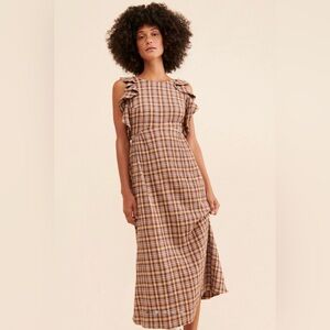 The Odells — Plaid Brown Midi Dress with Short Puff Sleeves — Size M